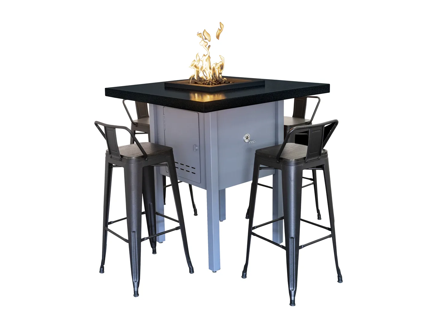 A bar-height fire table lit down the center of the surface, with four stools around it