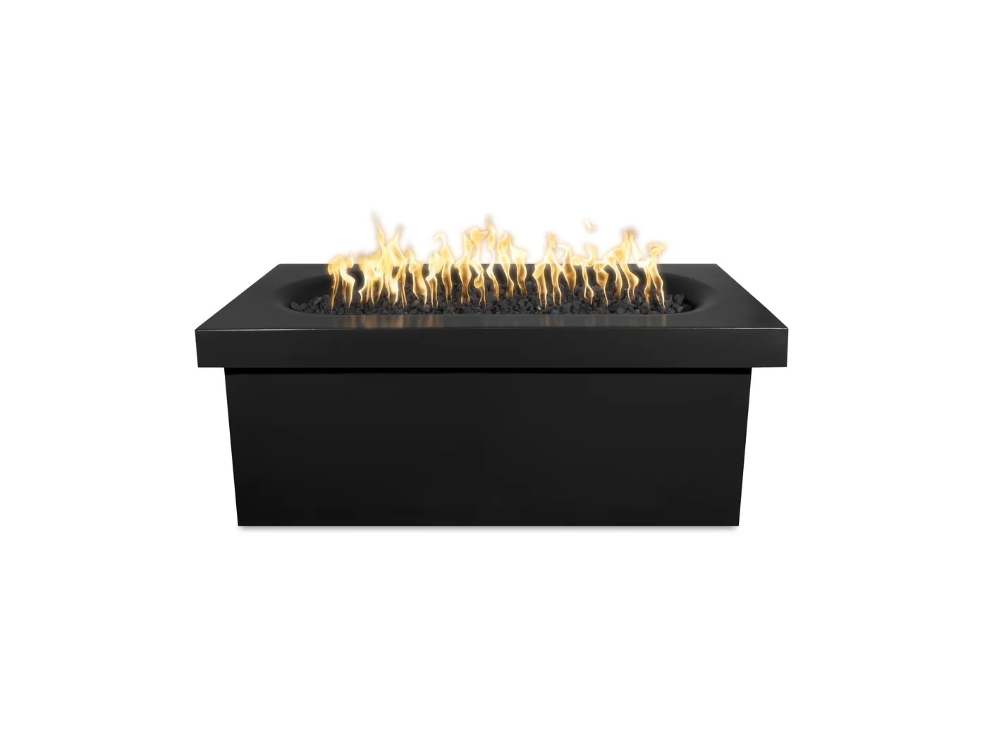 A black rectangular gas fire pit burning along a linear burner